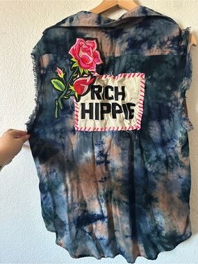 Gypsy Junkies Tie-Dye Sleeveless Vest with Rose Patch - Blue, Pink, Brown - L